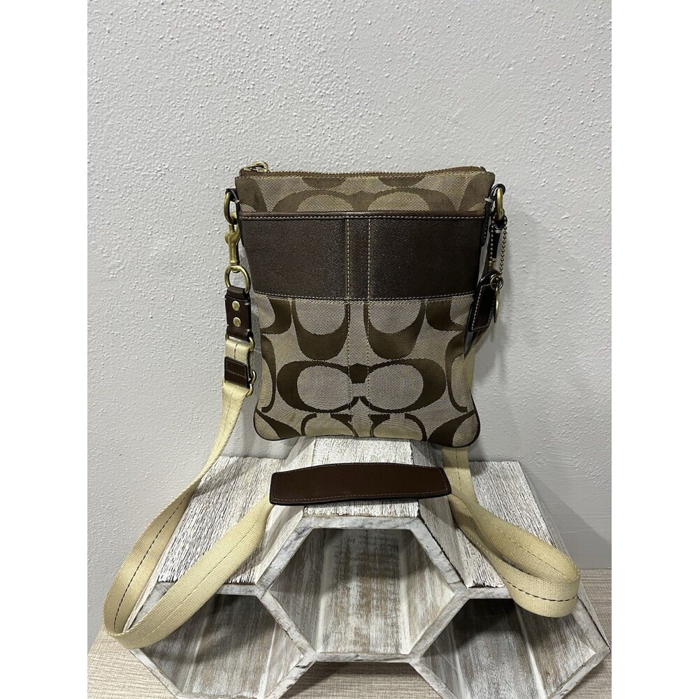 Coach Signature Jacquard Crossbody File Bag Brown Khaki Canvas Purse 41207 Y2K
